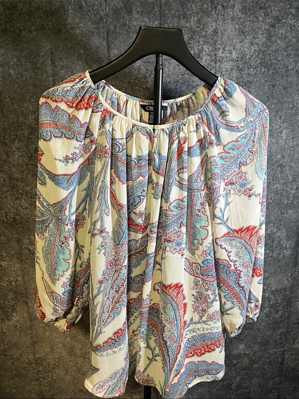 Chaps Cream Paisley Peasant Top with Blue & Red Accents